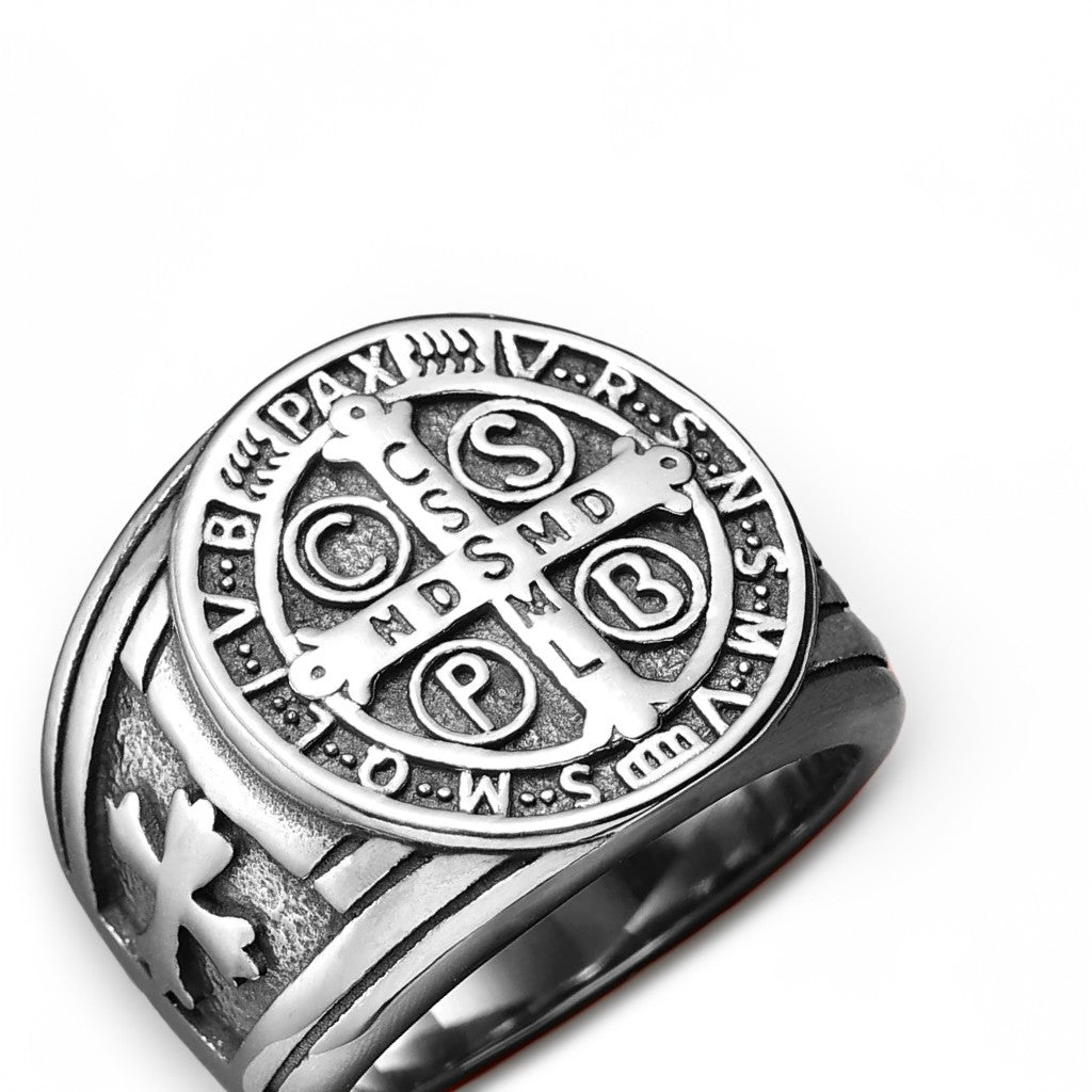 Bague Acier Homme | Chevalière Médaille de Saint-Benoît - Argenté - Oxior