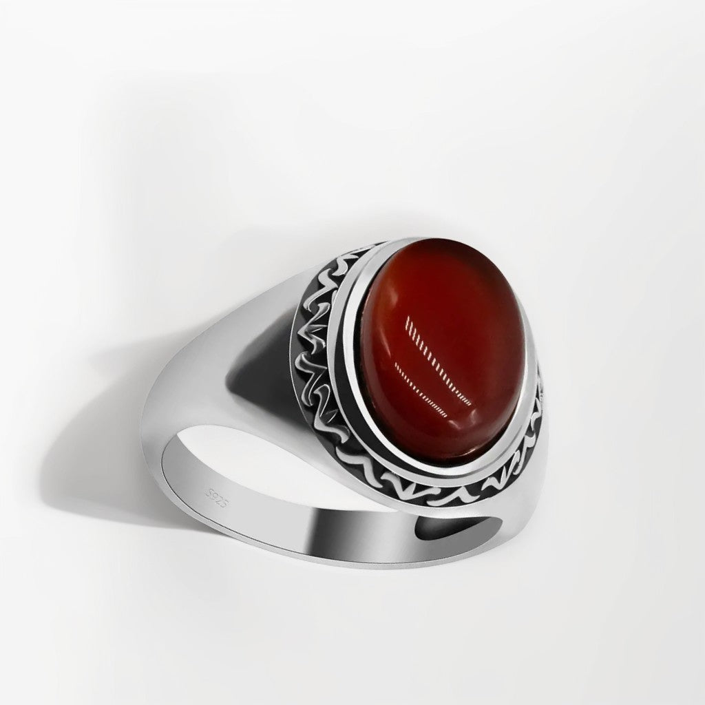 Bague Argent Homme | Modèle Chevalière Riven – Agate Rouge – Argent 925 - Oxior