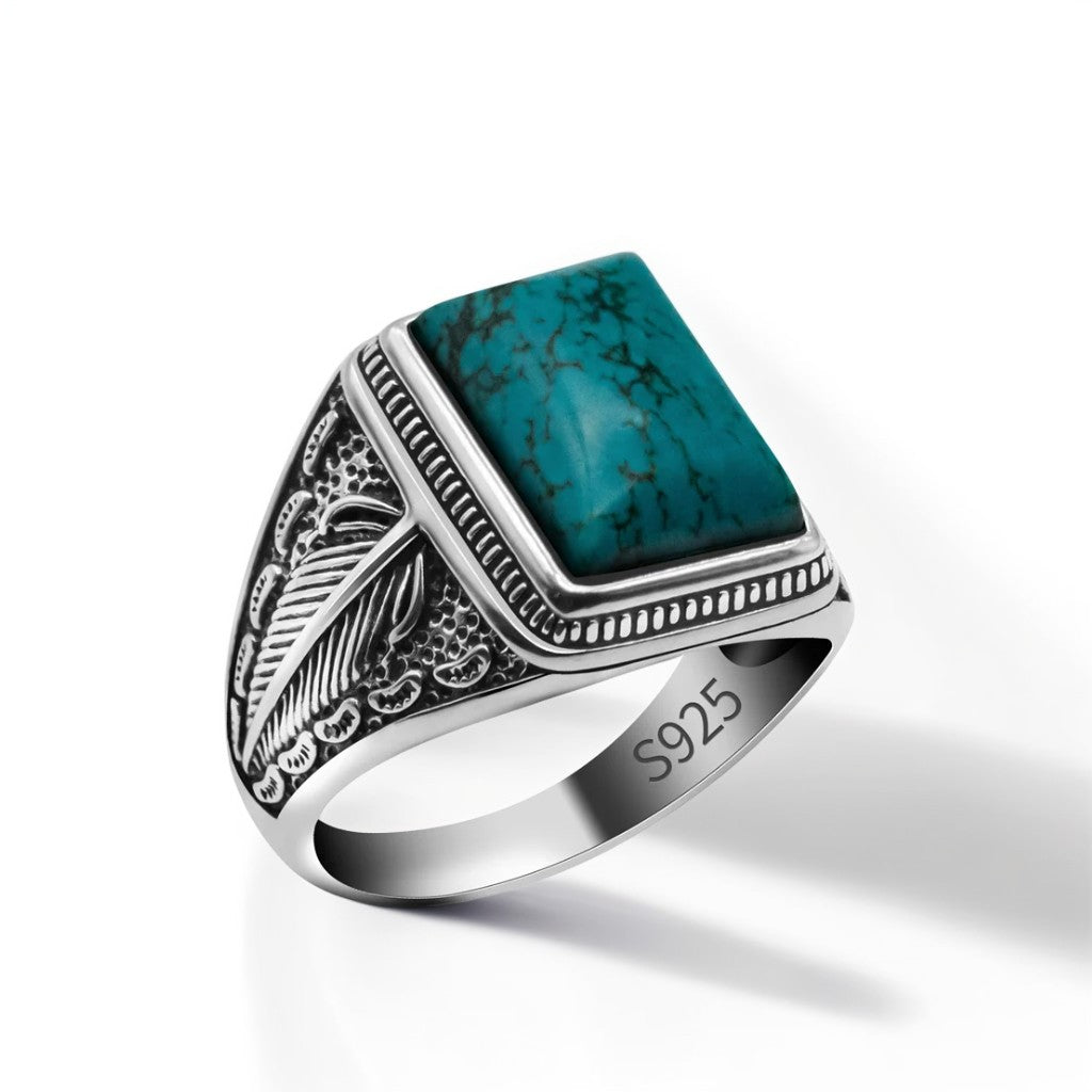 Bague Argent Homme | Modèle Chevalière Feuille de Palmier – Turquoise – Argent 925 - Oxior