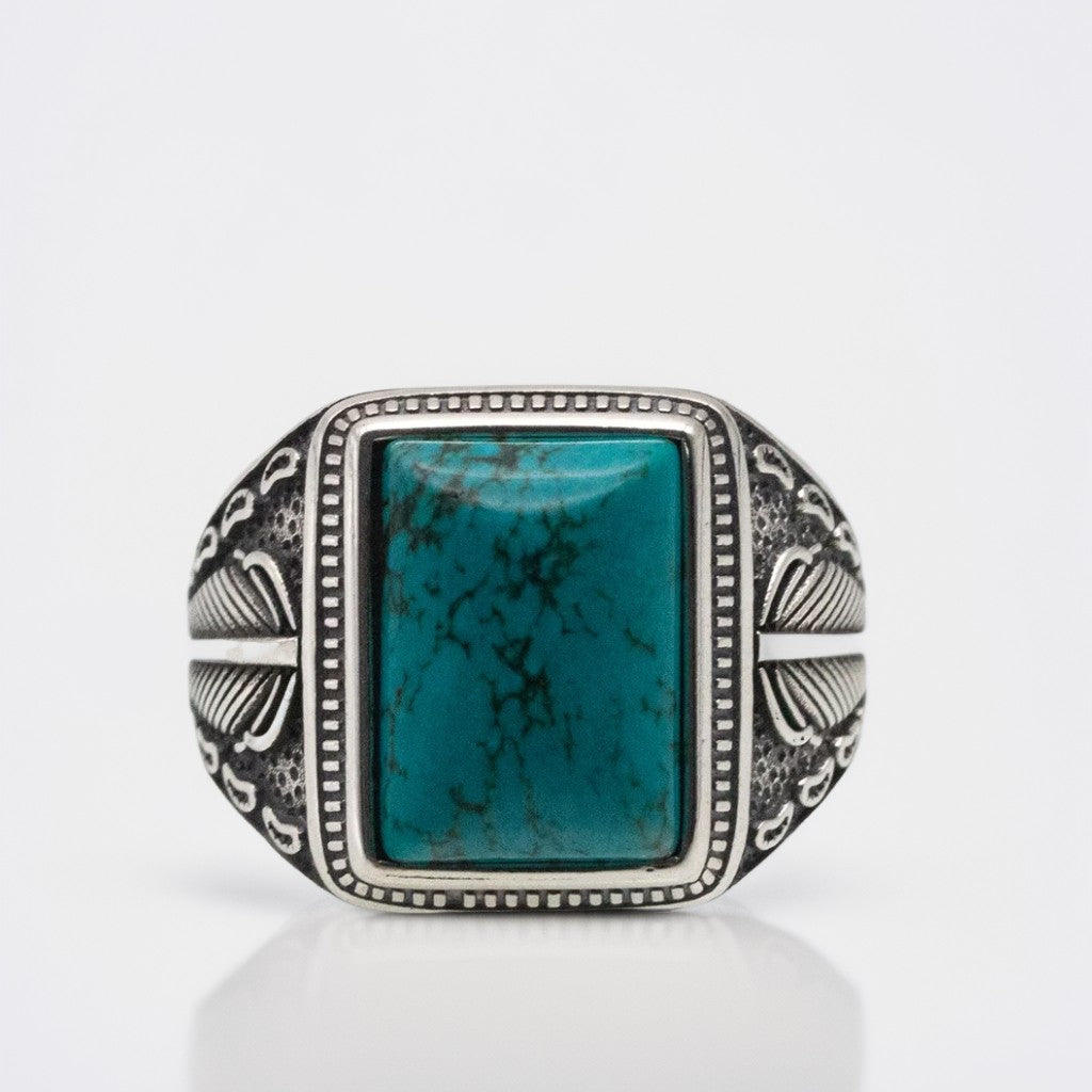 Bague Argent Homme | Modèle Chevalière Feuille de Palmier – Turquoise – Argent 925 - Oxior