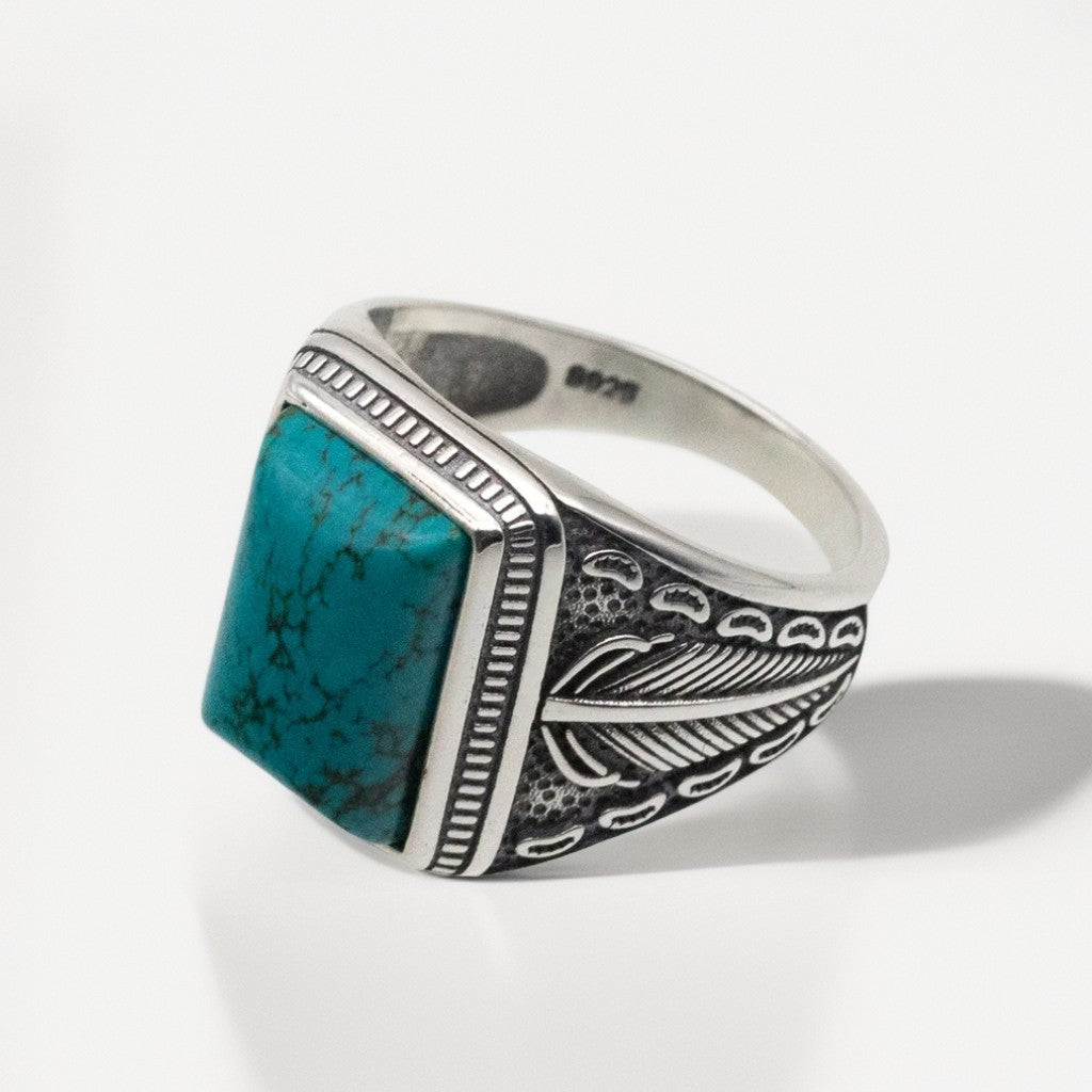 Bague Argent Homme | Modèle Chevalière Feuille de Palmier – Turquoise – Argent 925 - Oxior