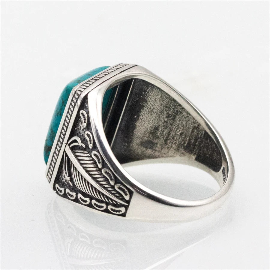 Bague Argent Homme | Modèle Chevalière Feuille de Palmier – Turquoise – Argent 925 - Oxior