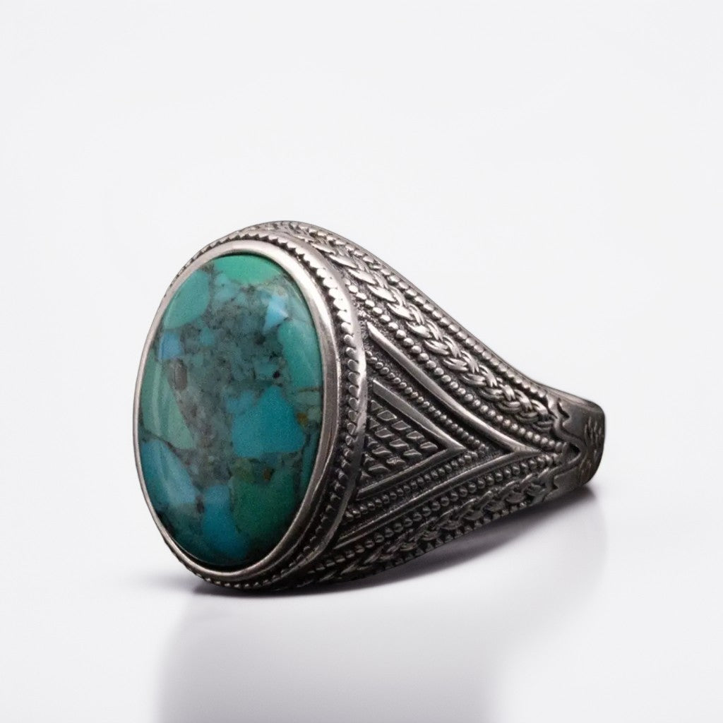 Bague Argent Homme | Modèle Chevalière Gravure Royale – Turquoise – Argent 925 - Oxior