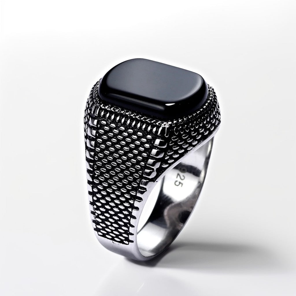 Bague Argent Homme | Modèle Chevalière Street Brut - Agate Noire - Argent 925 - Oxior