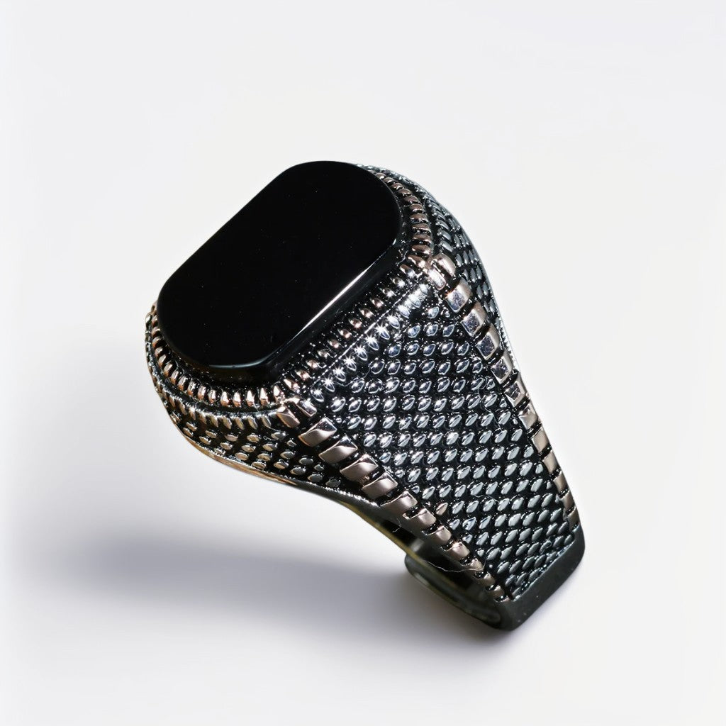 Bague Argent Homme | Modèle Chevalière Street Cuivrée - Agate Noire - Argent 925 - Oxior