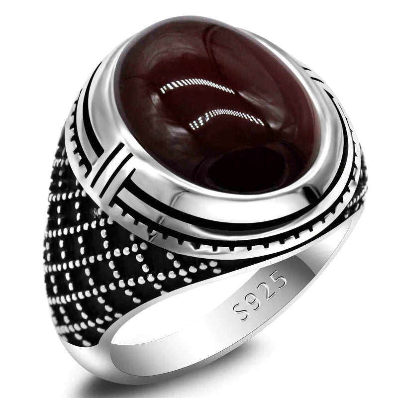 Bague Argent Homme | Modèle Chevalière Sultan - Agate Rouge - Argent Sterling 925 - Oxior