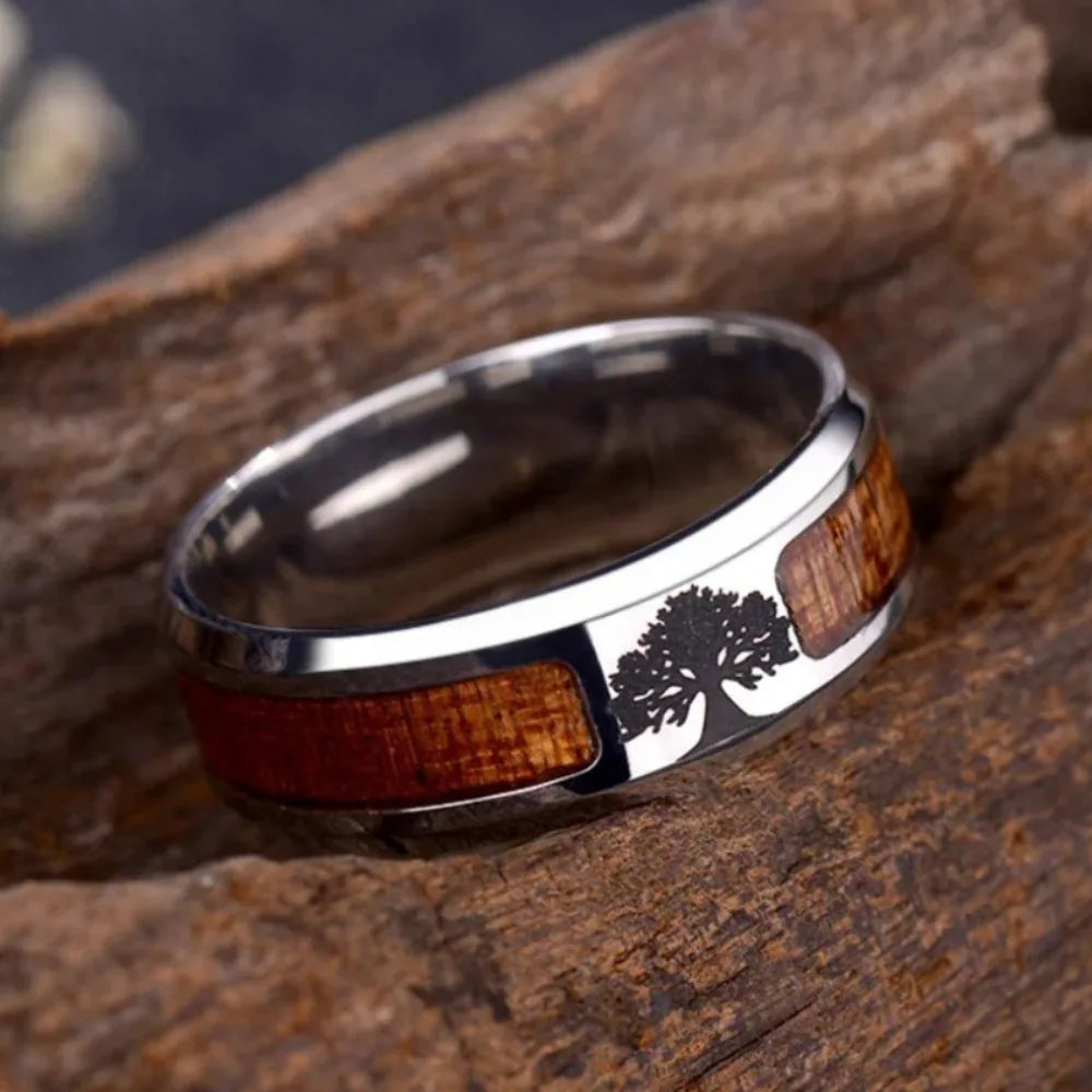 Bague Bois Homme | Modèle Arbre de Vie - Bois & Acier Argenté - Oxior