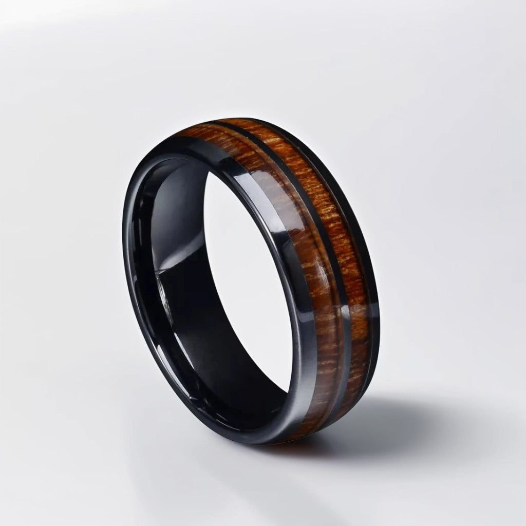 Bague Bois Homme | Modèle Équilibre - Bois & Acier Noir - Oxior