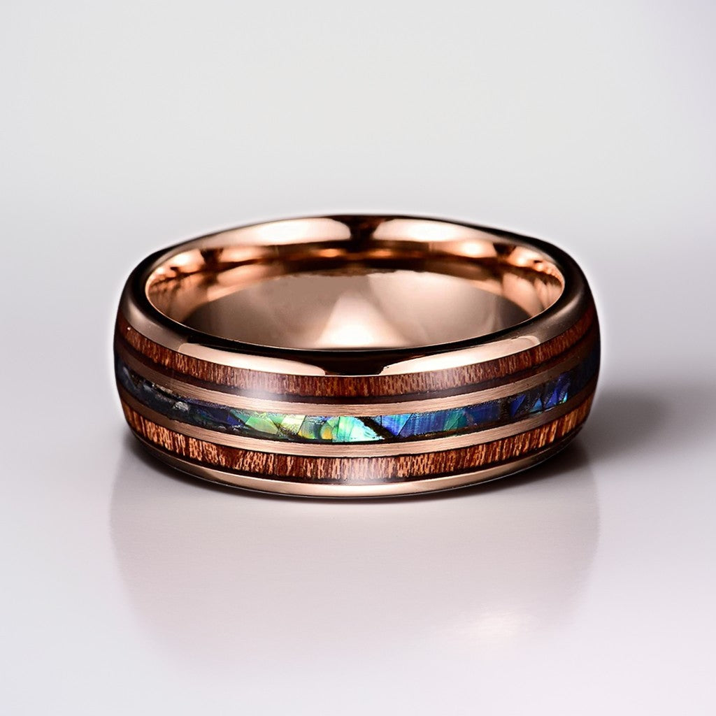 Bague Bois Homme | Modèle Reflets Nacrés - Bois & Acier Or Rose - Oxior