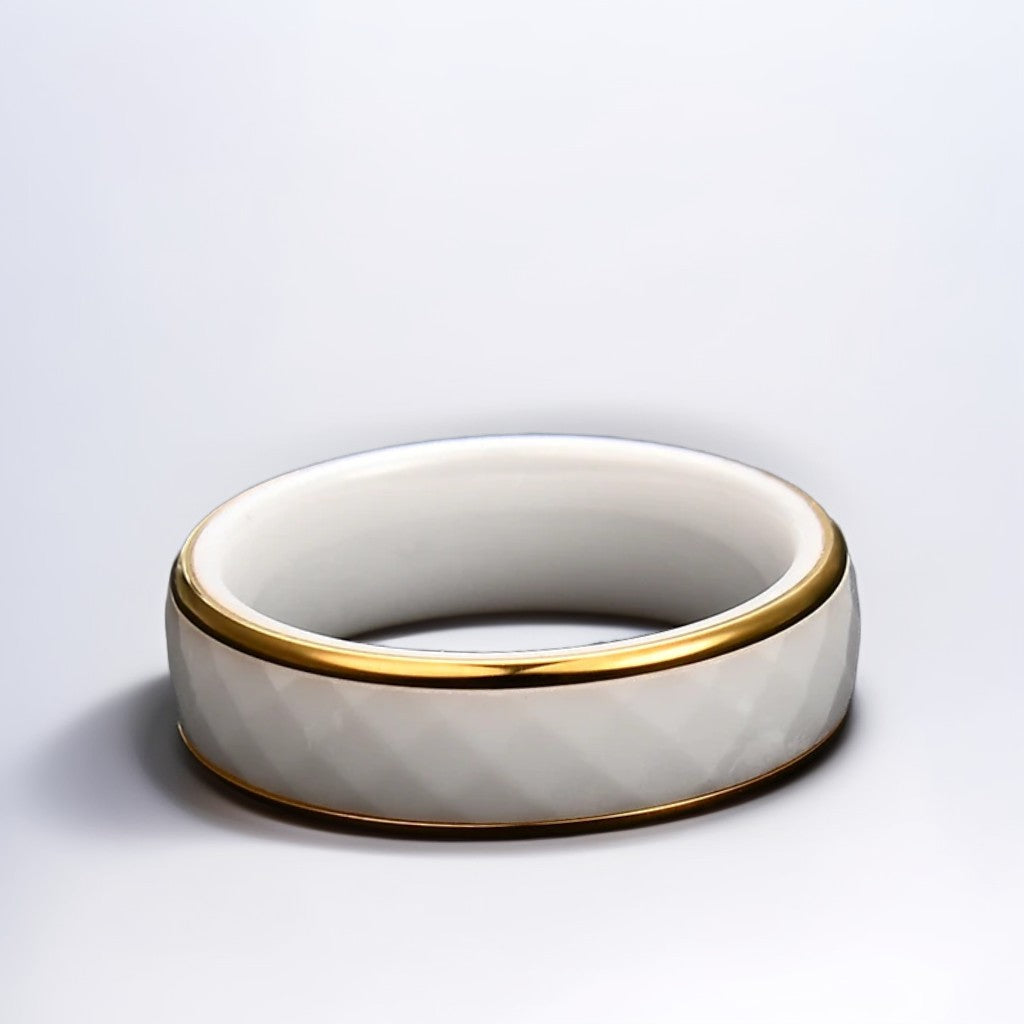 Bague Céramique Homme | Blanc & Or Facette - Acier - Oxior