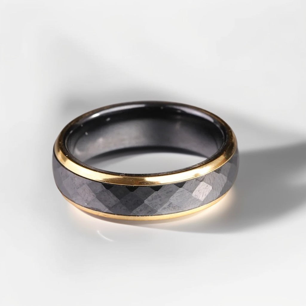 Bague Céramique Homme | Noir & Or Facette - Acier - Oxior