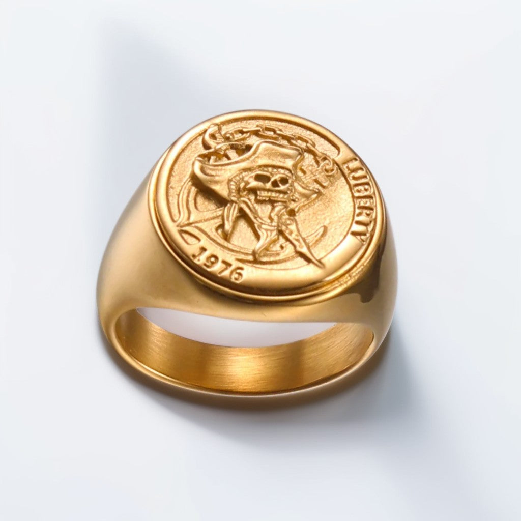 Bague Homme Dorée | Chevalière Pirate - Acier Inoxydable - Oxior