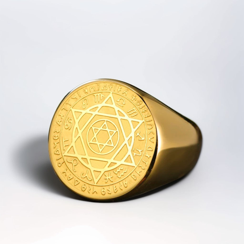 Bague Homme Dorée | Chevalière Sceau de Salomon - Acier Inoxydable - Oxior