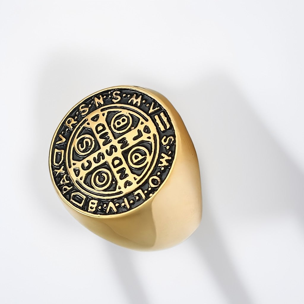Bague Homme Dorée | Modèle Médaille de Saint-Benoît Simple - Noir et Or - Acier Inoxydable - Oxior