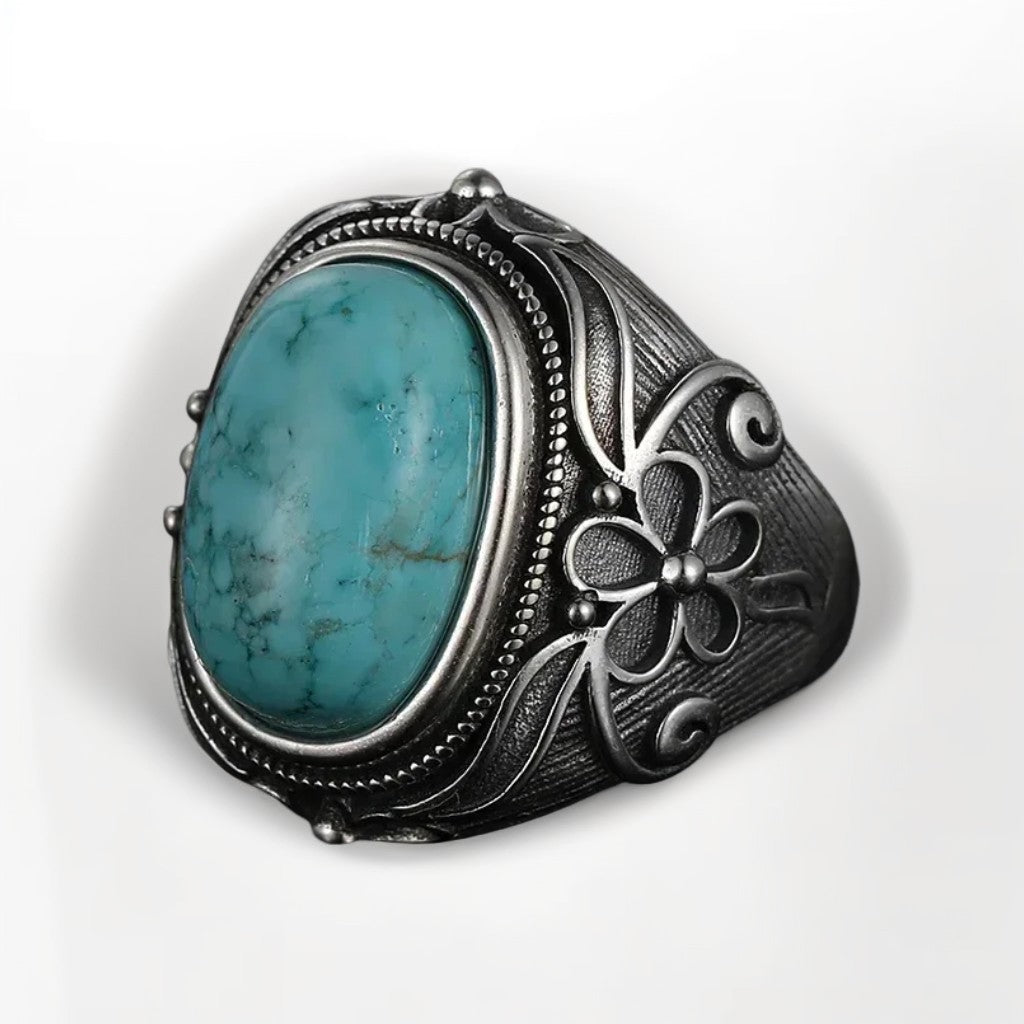 Bague Argent Homme | Modèle Fleuri - Turquoise - Argent Sterling 925