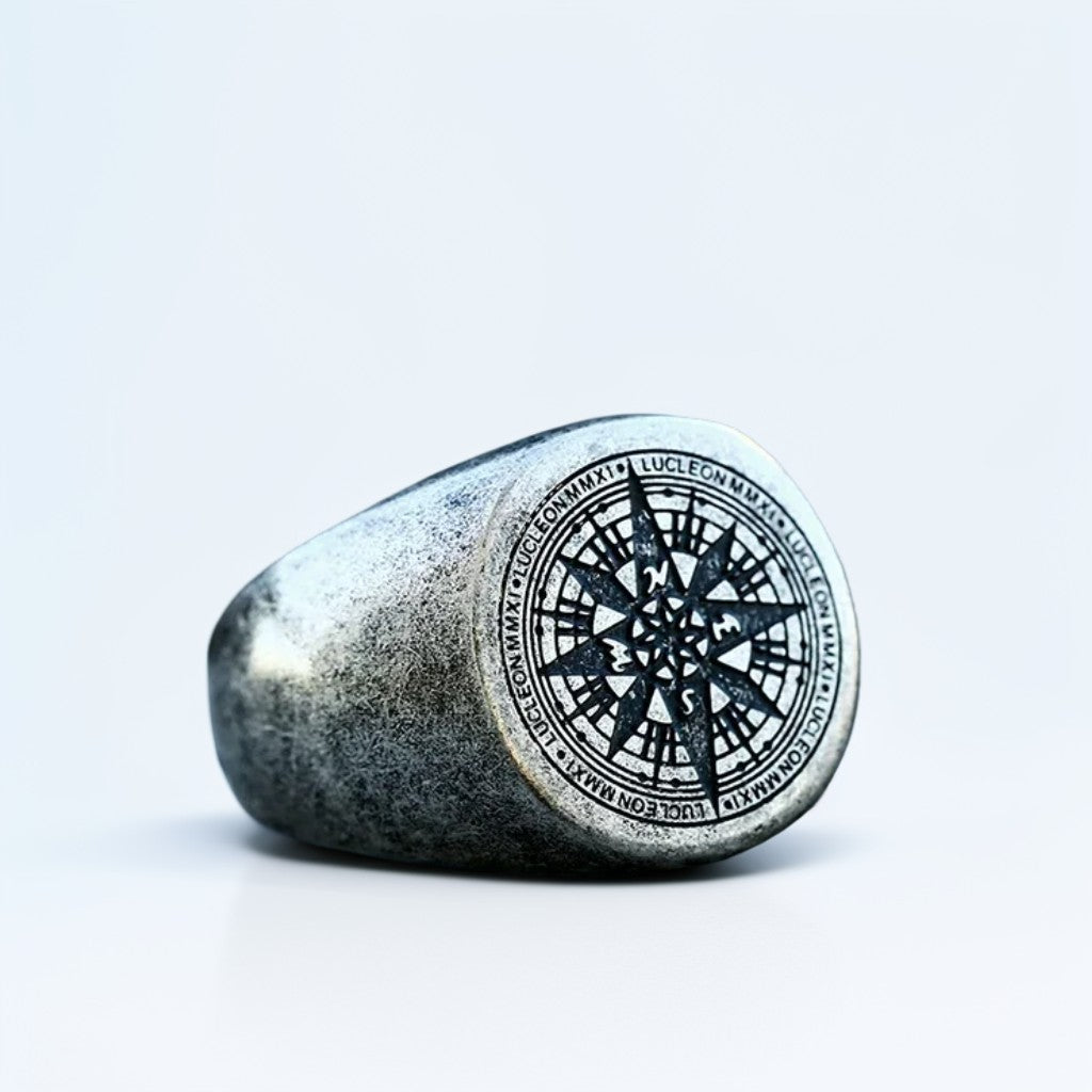 Bague Acier Homme | Chevalière Boussole - Argenté - Oxior