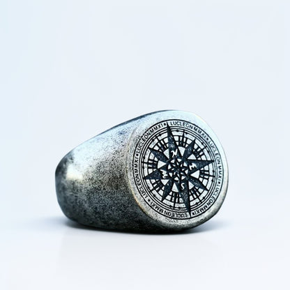 Bague Acier Homme | Chevalière Boussole - Argenté - Oxior