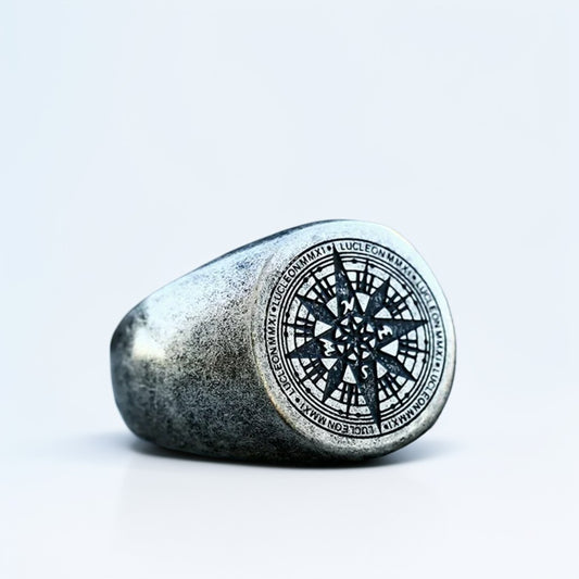 Bague Acier Homme | Chevalière Boussole - Argenté - Oxior