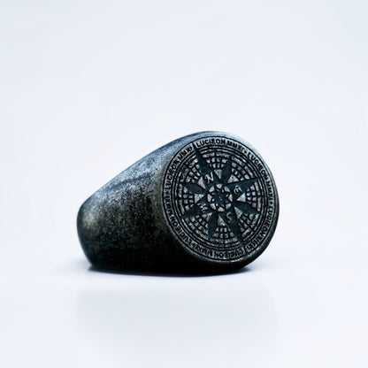 Bague Acier Homme | Chevalière Boussole - Argenté Sombre - Oxior
