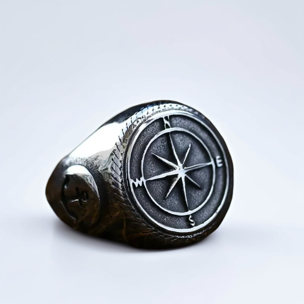 Bague Acier Homme | Chevalière Compas - Argenté - Oxior