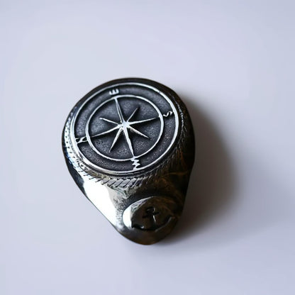 Bague Acier Homme | Chevalière Compas - Argenté - Oxior