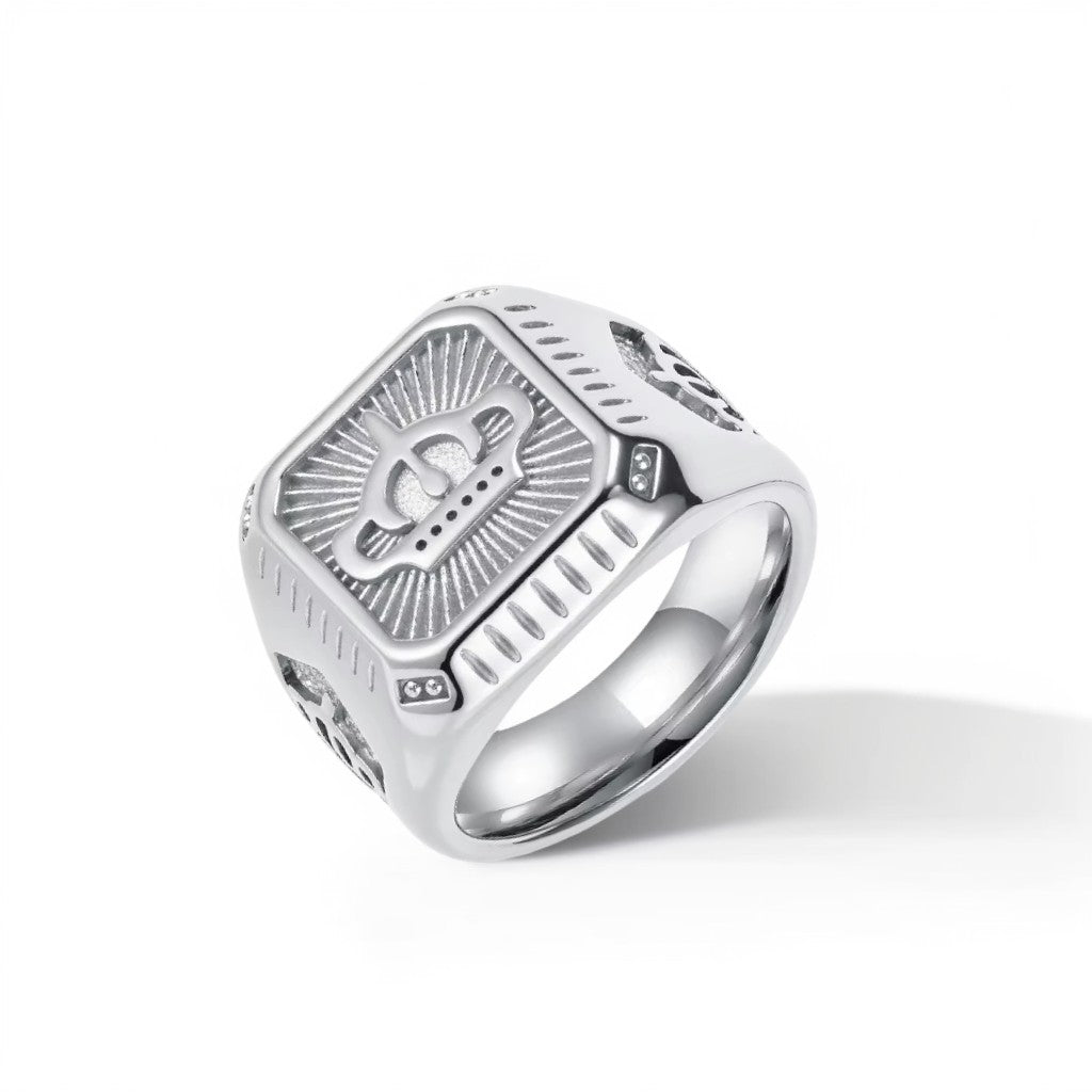 Bague Acier Homme | Chevalière Couronne Carrée - Argentée - Oxior