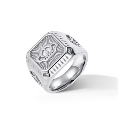 Bague Acier Homme | Chevalière Couronne Carrée - Argentée - Oxior