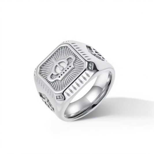 Bague Acier Homme | Chevalière Couronne Carrée - Argentée - Oxior