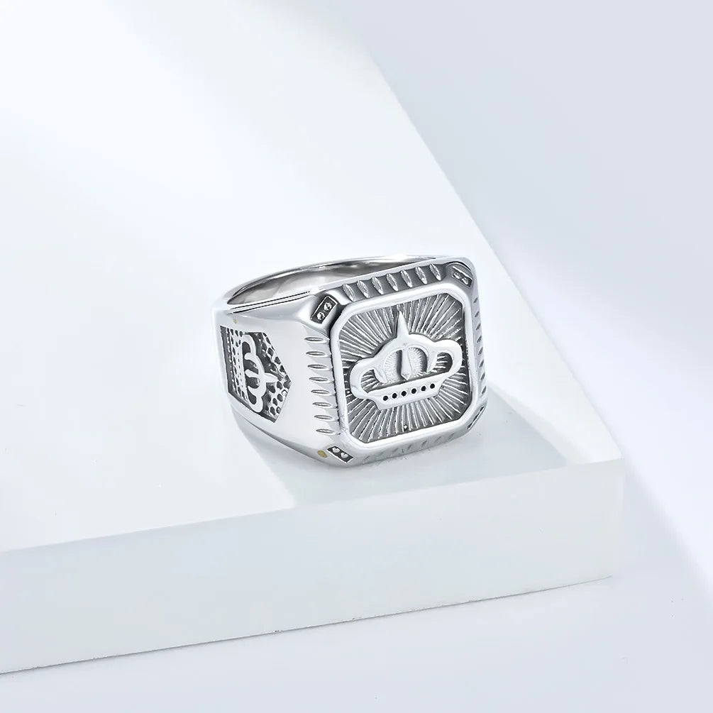 Bague Acier Homme | Chevalière Couronne Carrée - Argentée - Oxior
