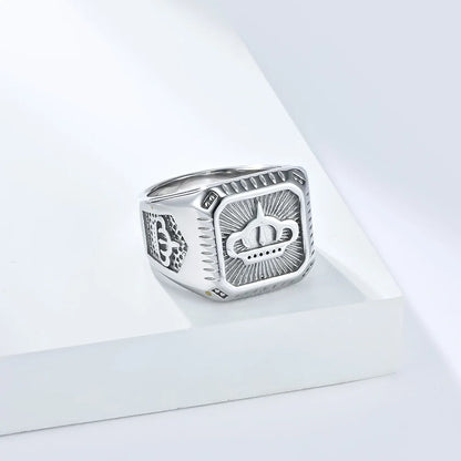 Bague Acier Homme | Chevalière Couronne Carrée - Argentée - Oxior