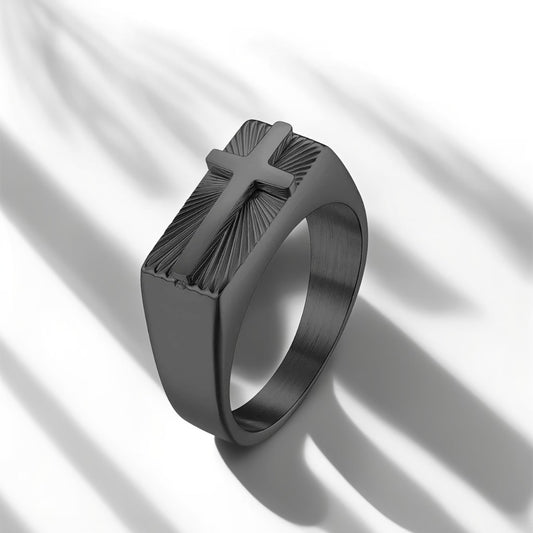 Bague Acier Homme | Chevalière Foi - Noire - Oxior