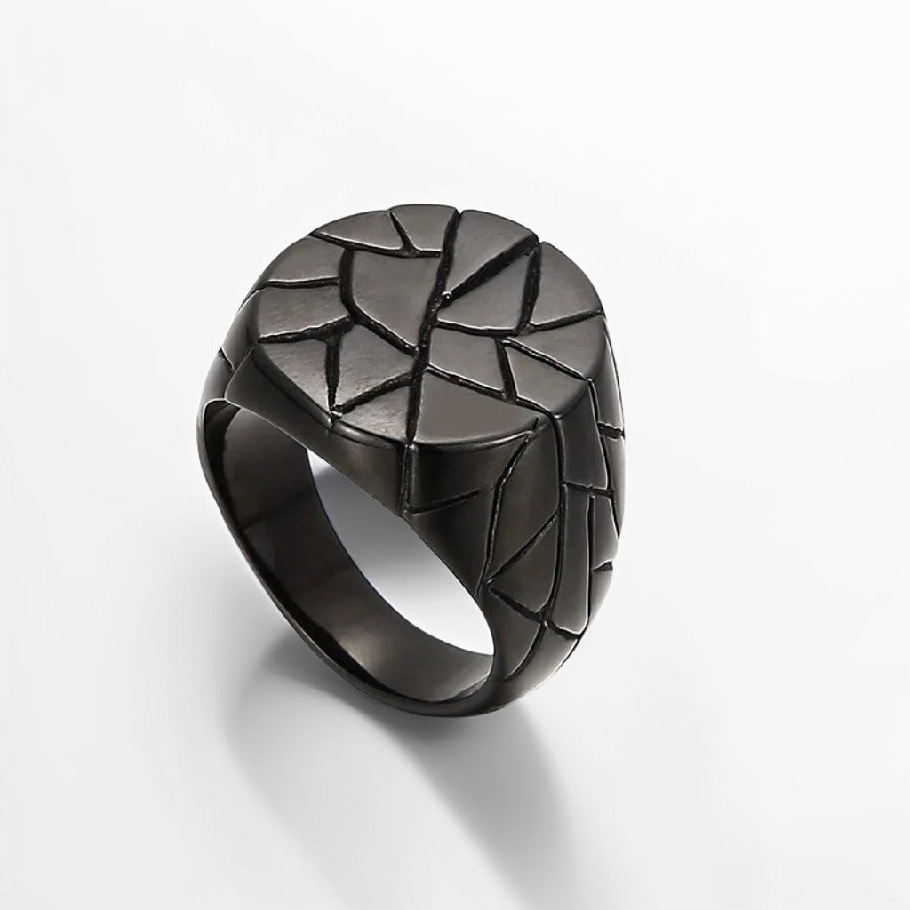Bague Acier Homme | Chevalière Fractures Ronde - Noire - Oxior