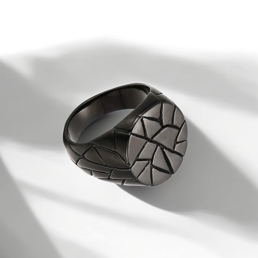 Bague Acier Homme | Chevalière Fractures Ronde - Noire - Oxior