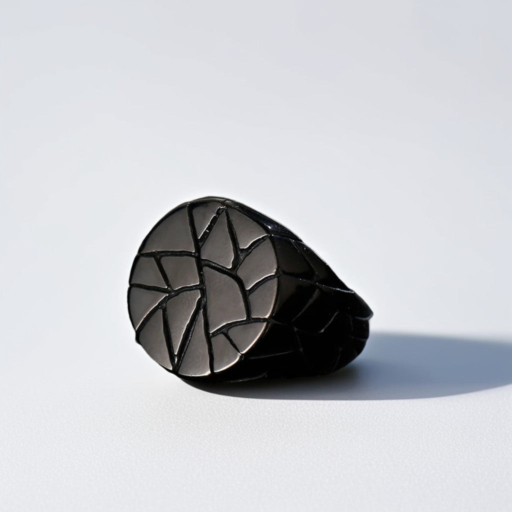 Bague Acier Homme | Chevalière Fractures Ronde - Noire - Oxior