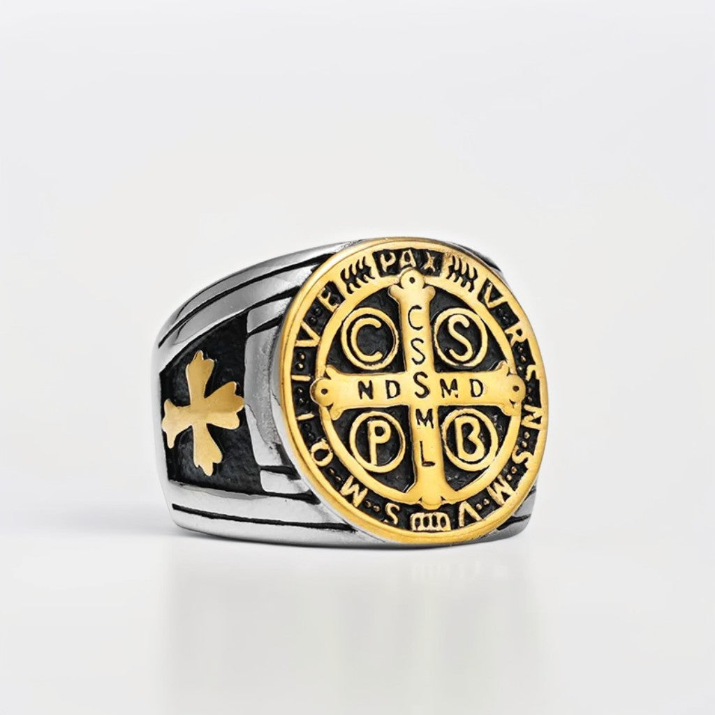 Bague Acier Homme | Chevalière Médaille de Saint-Benoît - Argenté, Noir et Doré - Oxior
