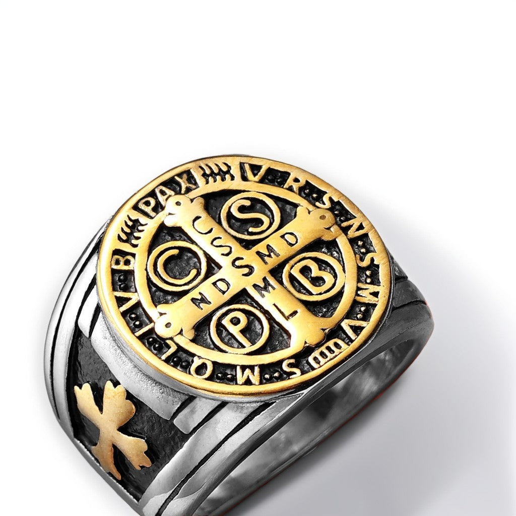 Bague Acier Homme | Chevalière Médaille de Saint-Benoît - Argenté, Noir et Doré - Oxior