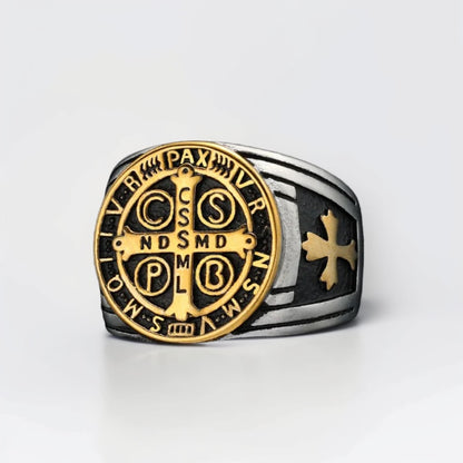 Bague Acier Homme | Chevalière Médaille de Saint-Benoît - Argenté, Noir et Doré - Oxior