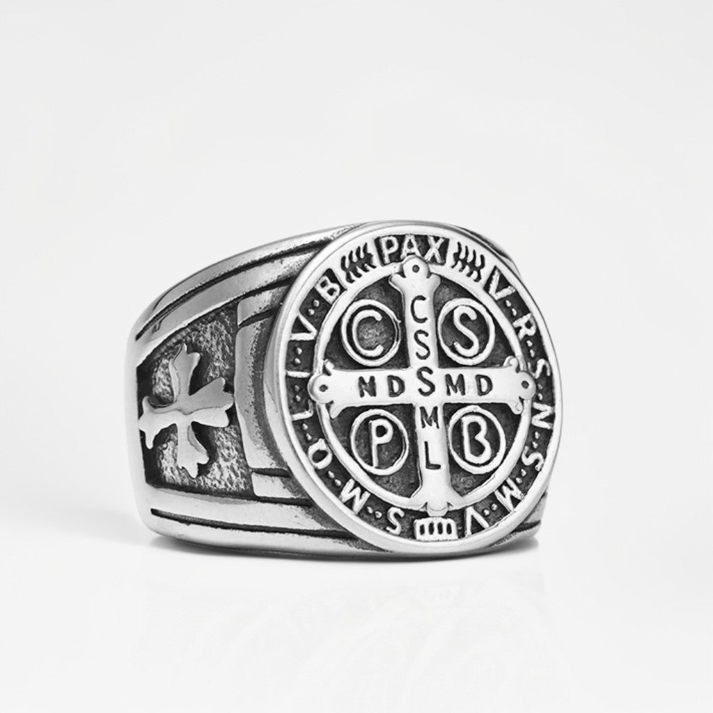 Bague Acier Homme | Chevalière Médaille de Saint-Benoît - Argenté - Oxior