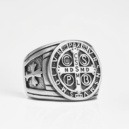 Bague Acier Homme | Chevalière Médaille de Saint-Benoît - Argenté - Oxior