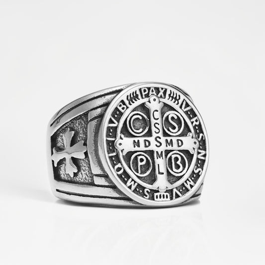 Bague Acier Homme | Chevalière Médaille de Saint-Benoît - Argenté - Oxior