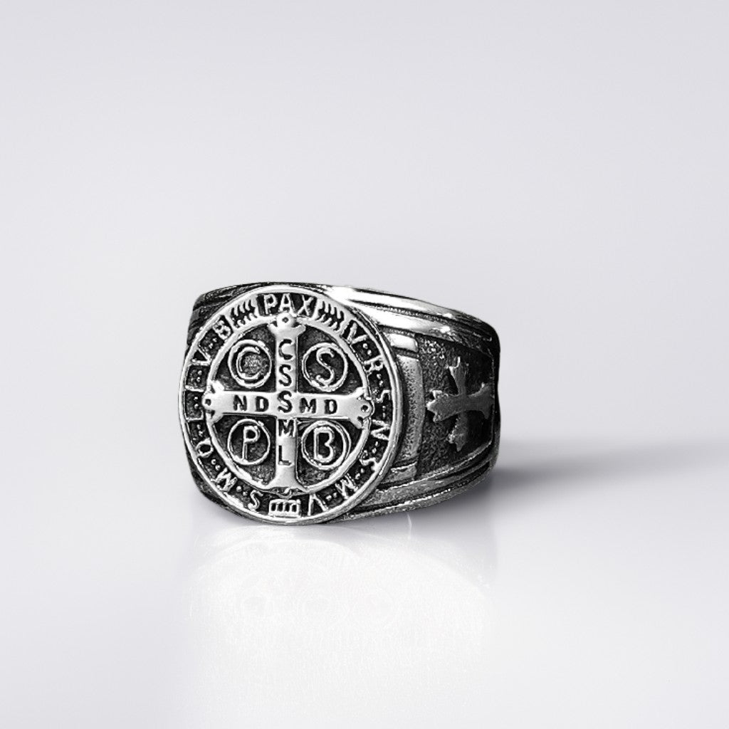 Bague Acier Homme | Chevalière Médaille de Saint-Benoît - Argenté - Oxior