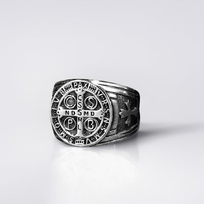 Bague Acier Homme | Chevalière Médaille de Saint-Benoît - Argenté - Oxior