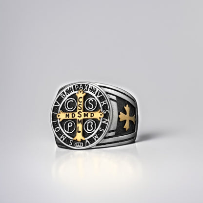 Bague Acier Homme | Chevalière Médaille de Saint-Benoît - Argenté Sombre et Doré - Oxior