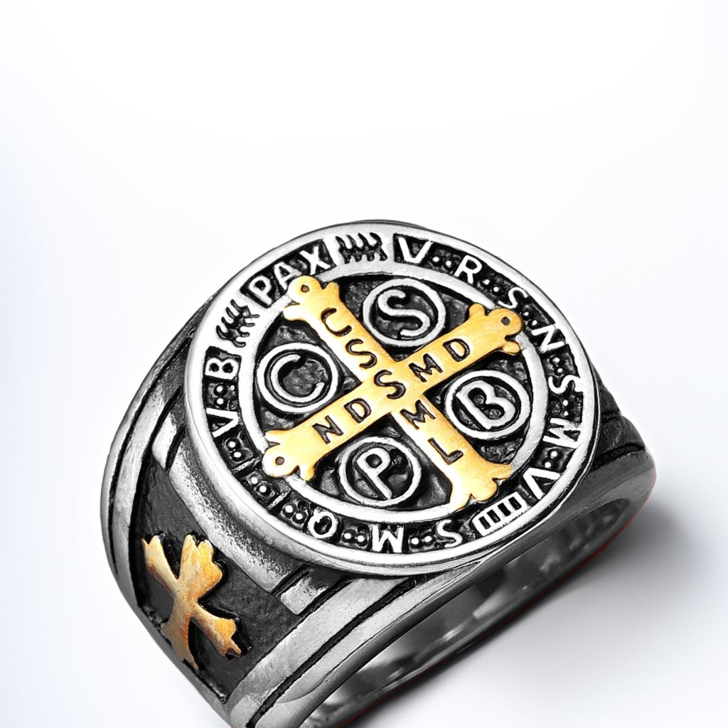 Bague Acier Homme | Chevalière Médaille de Saint-Benoît - Argenté Sombre et Doré - Oxior