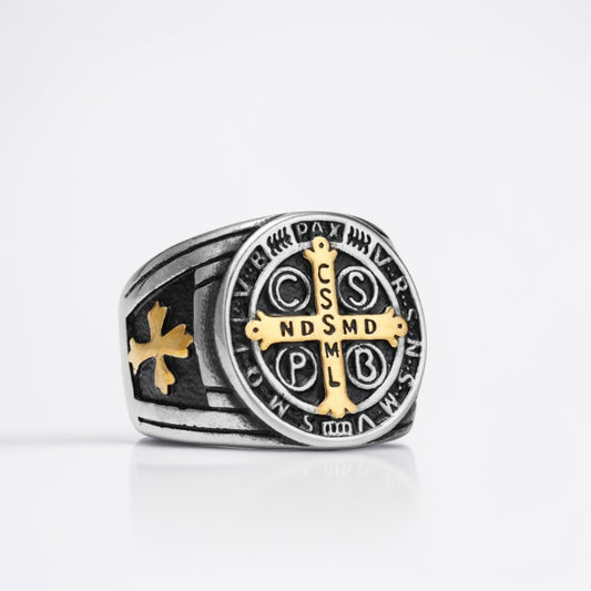 Bague Acier Homme | Chevalière Médaille de Saint-Benoît - Argenté Sombre et Doré - Oxior