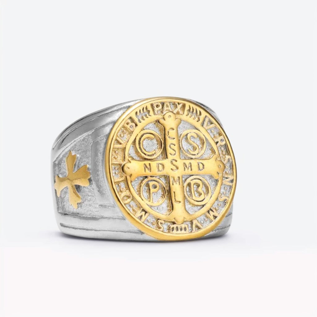 Bague Acier Homme | Chevalière Médaille de Saint-Benoît - Argenté et Doré - Oxior