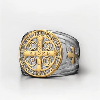 Bague Acier Homme | Chevalière Médaille de Saint-Benoît - Argenté et Doré - Oxior