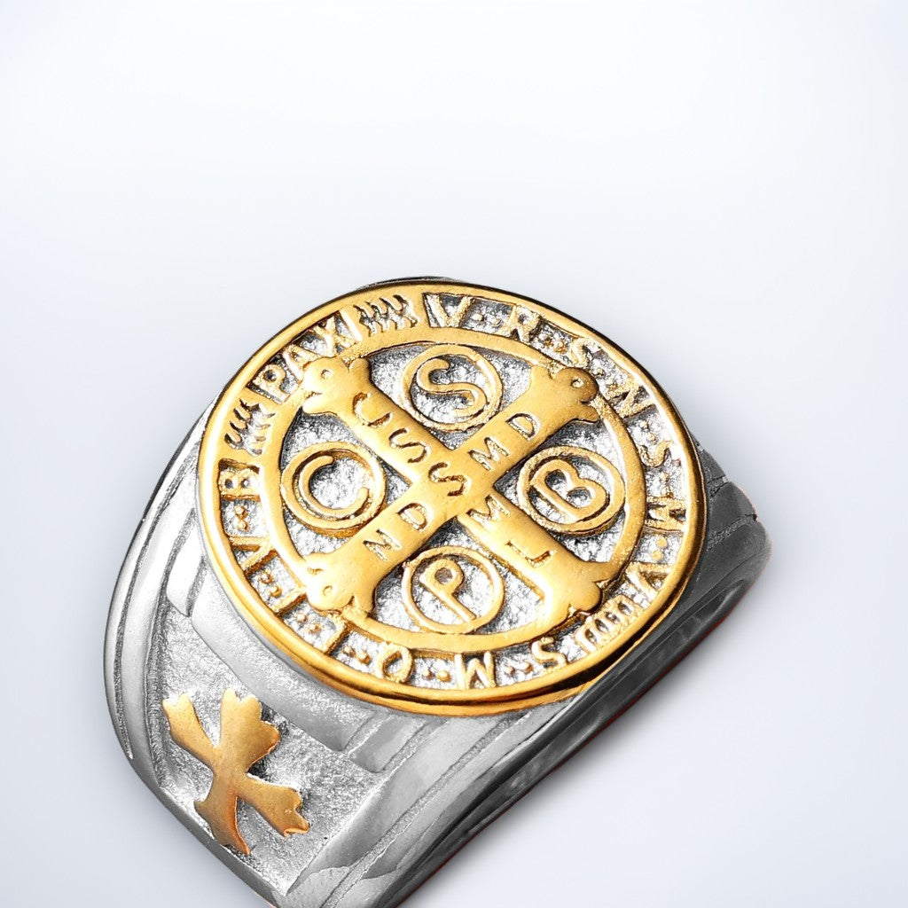 Bague Acier Homme | Chevalière Médaille de Saint-Benoît - Argenté et Doré - Oxior