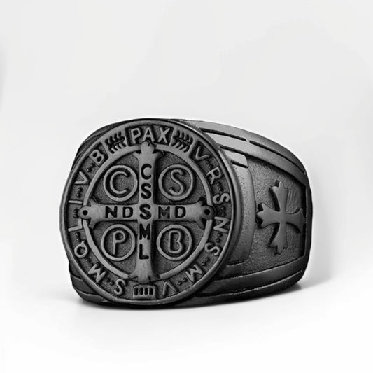 Bague Acier Homme | Chevalière Médaille de Saint-Benoît - Noir - Oxior