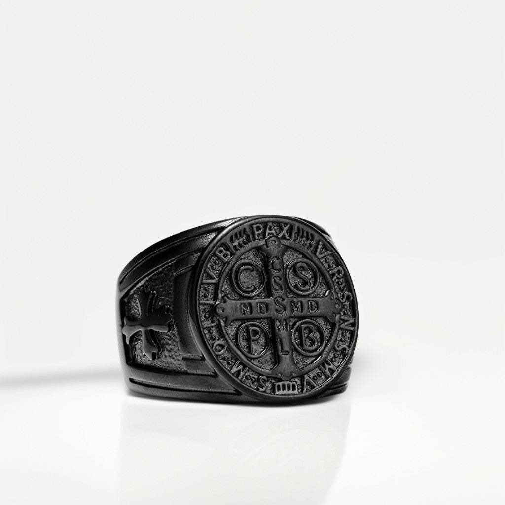 Bague Acier Homme | Chevalière Médaille de Saint-Benoît - Noir - Oxior